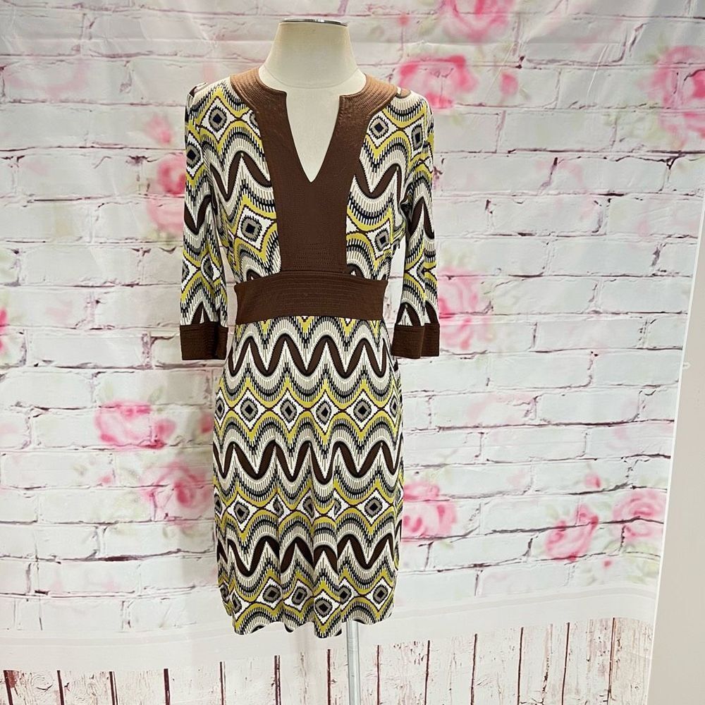 Tory Burch Brown, Yellow & Cream Geometric Mini Dress